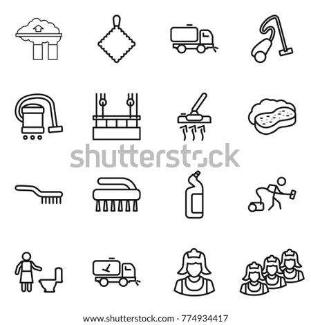 Thin line icon set : factory filter, rag, sweeper, vacuum cleaner, skysrcapers cleaning, sponge with foam, brush, toilet cleanser, home call, outsource