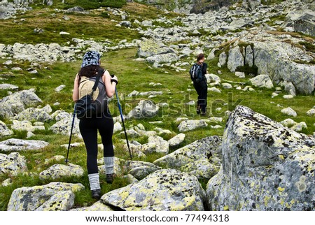 Hiker girls in Retezat mountain,  above Bucura lake