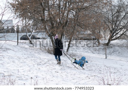 young woman pulls a sled with a child