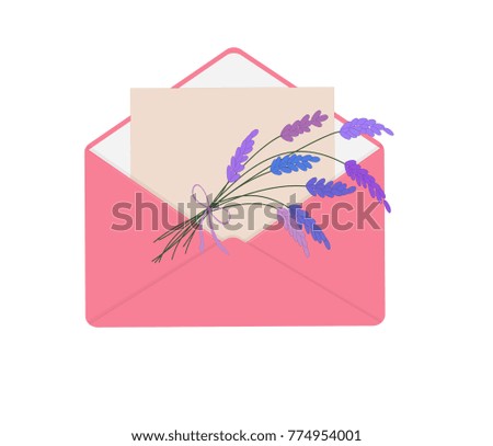 Letter in pink envelope with bouquet of lavender. Romantic conception. Isolated on white background. Letter on Valentine s Day, flat icon.  Horizontal location.Raster copy of illus