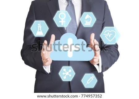 Healthcare concept with business man touching a button with health icon on virtual interface isolated on white background