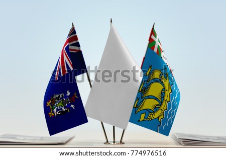 Flags of South Georgia and
South Sandwich Islands and Saint Pierre and Miquelon with a white flag in the middle