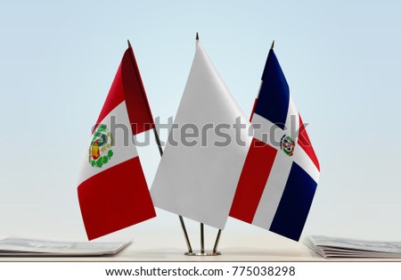 Flags of Peru and Dominican Republic with a white flag in the middle
