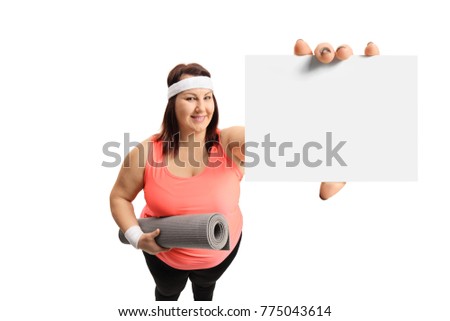 Overweight woman showing a blank card isolated on white background