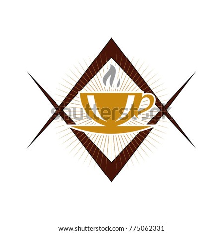 Coffee shop logo with cup, smoke and background flare of light. Vintage style objects retro vector illustration.