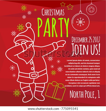 Christmas party typography design template, with funny Santa making dab dance, youth teenage culture modern cool style, with line art decoration, for invitation, web banner, card, poster, flyer.