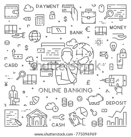 Line web banner for online banking. Modern linear concept for internet banking.