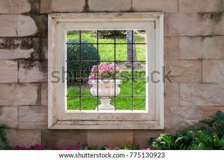 Flowerpot frames on the stone white wall / white wall background