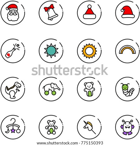 line vector icon set - santa claus vector, bell, christmas hat, champagne, sun, rainbow, dinosaur toy, elephant wheel, bear, caterpillar, baby carousel, unicorn stick, monster