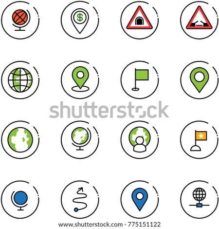 line vector icon set - globe vector, dollar pin, tunnel road sign, drawbridge, map, flag, man, trip, navigation