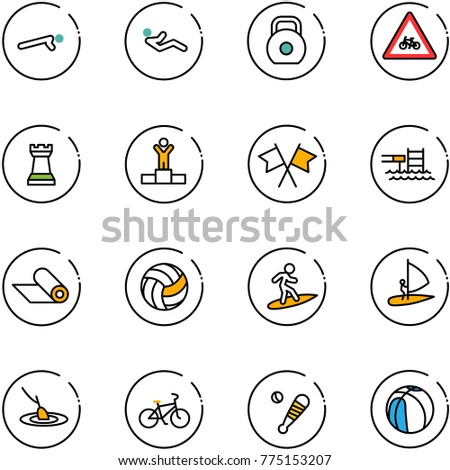 line vector icon set - push ups vector, abdominal muscles, weight, road for moto sign, chess tower, winner, flags cross, pool, mat, volleyball, surfing, windsurfing, fishing, bike, baseball bat