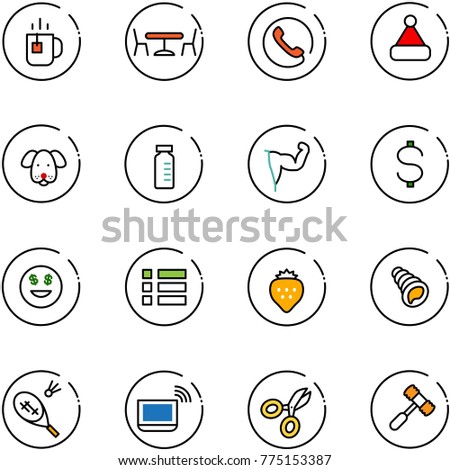 line vector icon set - tea vector, cafe, phone, christmas hat, dog, vial, power hand, dollar, smile, menu, strawberry, shell, badminton, notebook wi fi, scissors, toy hammer