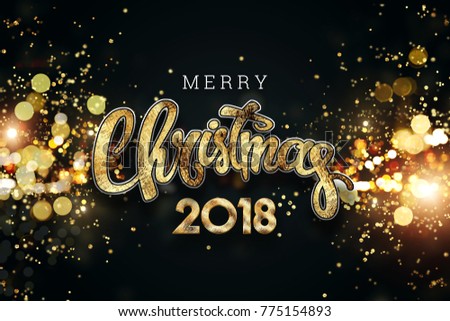 2018 Merry Christmas. Christmas background with golden lights bokeh. Xmas greeting card. Magic holiday poster, banner. Night bright gold sparkles background