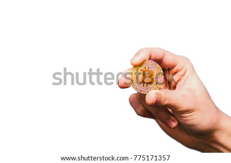 Bitcoin in man hand on isolated white background