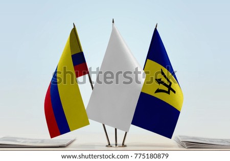 Flags of Colombia and Barbados with a white flag in the middle