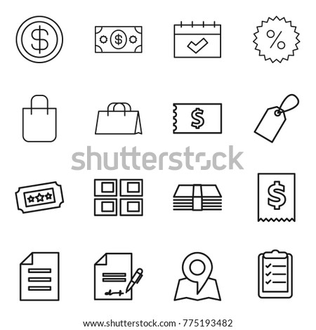 Thin line icon set : dollar, money, calendar, percent, shopping bag, receipt, label, ticket, panel house, tax, document, inventory, map, clipboard list