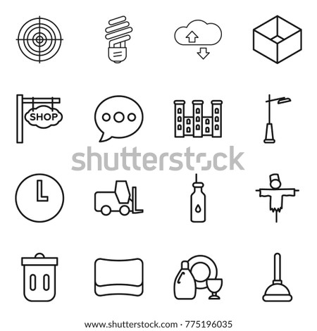 Thin line icon set : target, bulb, cloude service, box, shop signboard, balloon, palace, outdoor light, clock, fork loader, vegetable oil, scarecrow, trash bin, sponge, dish cleanser, plunger