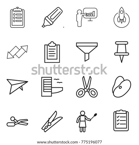 Thin line icon set : clipboard, marker, presentation, rocket, up down arrow, funnel, pin, deltaplane, hotel, scissors, beans, clothespin, woman with duster, list