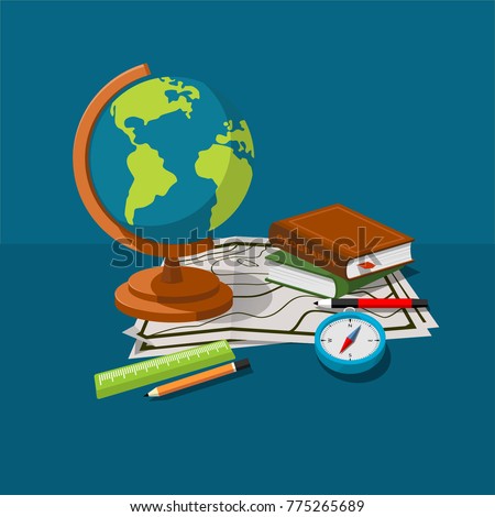 Globe, maps, compass and others school subjects. School and study subjects. Geography science vector illustration. Education and science banners. Royalty-Free Stock Photo #775265689
