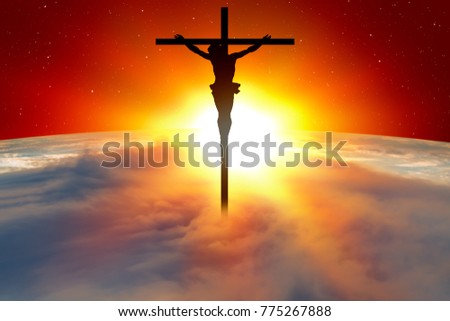 Planet Earth with a spectacular sunset with  Jesus on the cross "Elements of this image furnished by NASA"