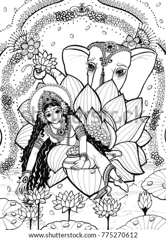 Goddess Lakshmi is a beautiful girl born from a lotus flower and radiates abundance and prosperity. The elephant accompanies her and holds the lotus. This drawing is black ink on paper.