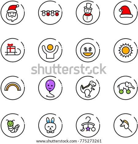line vector icon set - santa claus vector, garland, snowman, christmas hat, sleigh gift, success, money smile, sun, rainbow, balloon, dinosaur toy, elephant wheel, caterpillar, rabbit, baby carousel