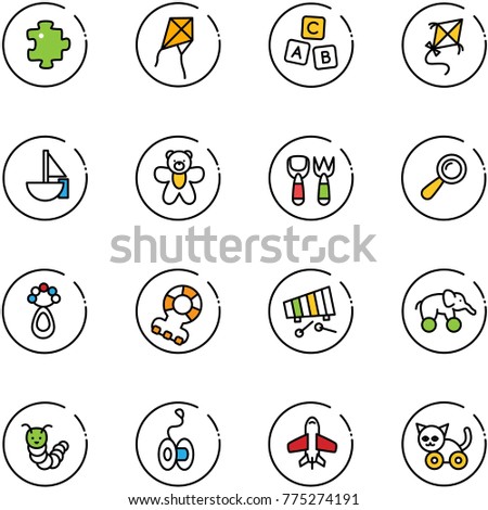 line vector icon set - puzzle vector, kite, abc cube, sailboat toy, bear, shovel fork, beanbag, teethers, xylophone, elephant wheel, caterpillar, yoyo, plane, cat
