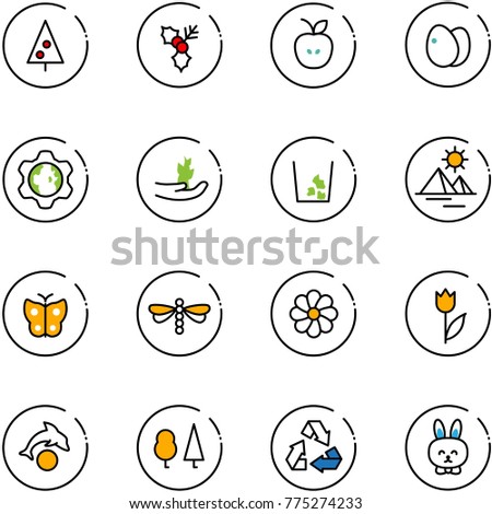 line vector icon set - christmas tree vector, holly, apple, eggs, gear globe, hand sproute, garbage, pyramid, butterfly, dragonfly, flower, tulip, dolphin, forest, recycling, toy rabbit