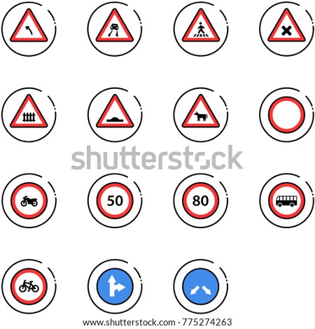 line vector icon set - turn left vector road sign, slippery, pedestrian, railway intersection, artificial unevenness, cow, prohibition, no moto, speed limit 50, 80, bus, bike, only forward right
