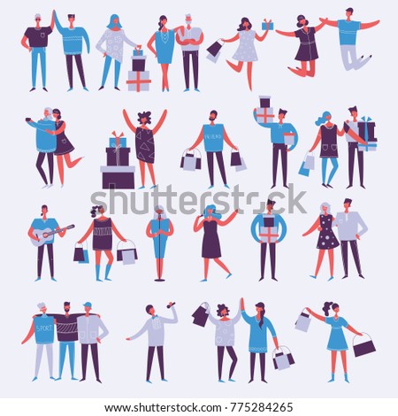 Vector illustration in a flat style of group of happy shopping, dancing, playing, jumping and singing