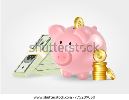 Moneybox in the form of a pig with a coin falling into it. Concept of saving money.