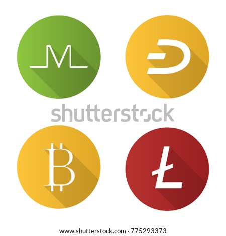 Cryptocurrency flat design long shadow glyph icon. Monero, dashcoin, bitcoin, litecoin. Mining. E-currency. Raster silhouette illustration