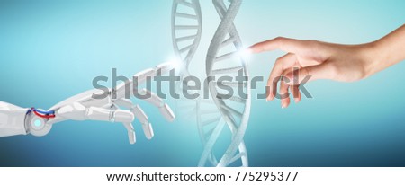 Robotic and human hand touches DNA chain.