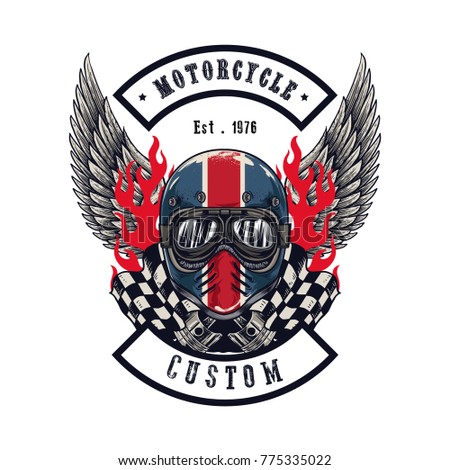 Vector illustration Vintage motorcycle Monochrome skull and wing in helmet . t-shirt graphics. Biker t-shirt. Motorcycle emblem.