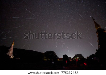 Geminid Meteor in the night sky on Doi Inthanon mountain, Chiang Mai, Thailand.