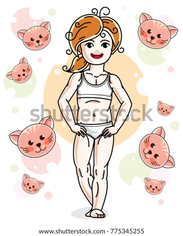 Cute little redhead girl in underwear standing on background with cats. Vector human illustration.