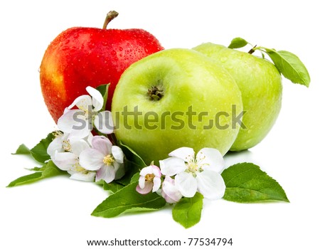 Two Green Apple and Red Apples with flowers, Leaf and water droplets on a white background