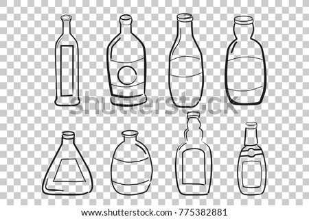 Set Doodle outline of Wine Bottles, at Transparent Effect Background