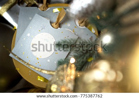 Christmas decoration with gifts and greeting cards. Greeting card for New Year.