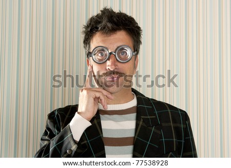 crazy nerd man myopic thinking gesture expression funny glasses man