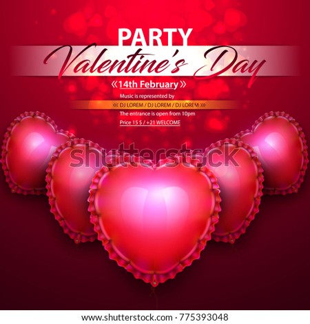 Valentines day holiday party poster design template. Realistic air balloons in shape of elegant heart with pink labels. Vector illustration on dark red background, symbol of love and care