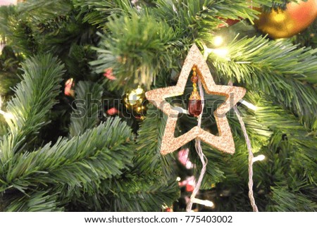 Golden sparkle star decoration on the Christmas tree in holiday