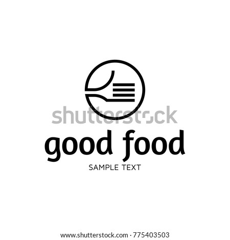 Good Food logo design template. Vector hand like illustration background. Graphic fork icon symbol for cafe, restaurant, cooking business. Modern linear catering label, emblem, badge in circle