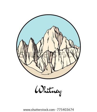 Vector emblem with hand drawn North American mount Whitney. Ink drawing, graphic style. Perfect for travel, sport or spiritual designs.
