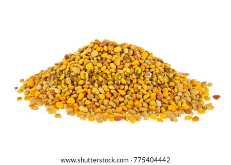 Bee pollen grains on a white background. Healthy natural medicine for influenza. Royalty-Free Stock Photo #775404442