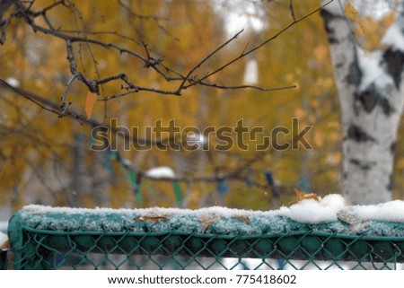Beautiful white snow and yellow leaves of trees on a fence close-up. Winter and autumn holiday background