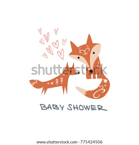 Vector, clip art. Baby shower, hearts, mother and baby, letters, childish, hand font, foxes, animal, baby, fairy tale, funny, love. Card, poster, banner, t-shirt, other clothes and more. Isolated.