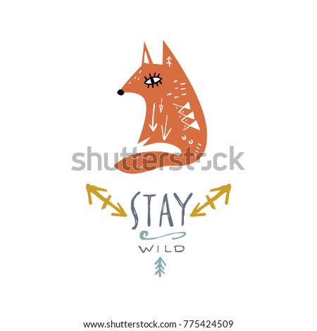 Vector, clip art, hand drawn. Emblem, freedom, quote, brush letters, childish, hand font, fox, animal, baby, fairy tale, funny, arrow. Card, poster, banner, t-shirt, other clothes and more. Isolated.