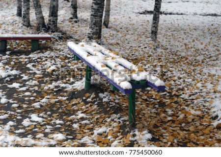 A beautiful decorative bench covered with white and pure snow, yellow leaves of trees. The first snow in the fall. Winter holiday background