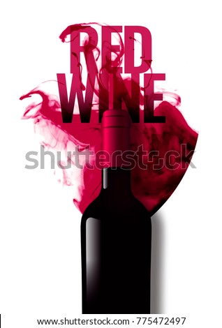Template with wine bottle illustration and red wine text. Background liquid effect of wine glass. Isolated bottle A4 size. Idea for wine events, magazines or brochures. Vector illustration.